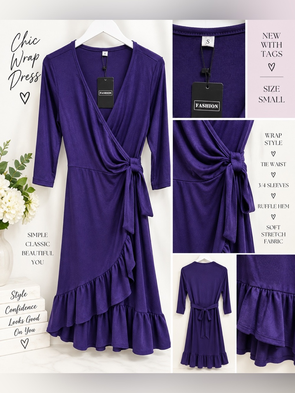 #28 NWT Purple Wrap Dress Size Small Ruffle Hem Tie Waist